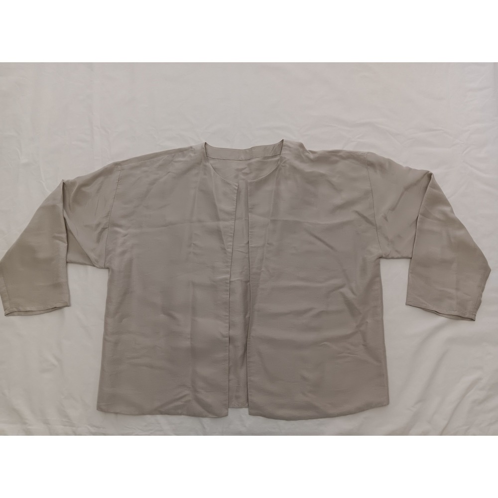 100% Silk Open Front Kimono Jacket Taupe Grey Minimalist Boxy Cardigan L/XL